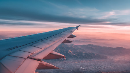 Airplane wing soaring through a breathtaking sunset sky with a cityscape belowの素材