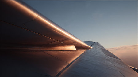 Airplane wing soaring through a clear blue sky during sunsetの素材