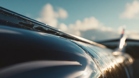 A sleek black car parked outdoors on a sunny day with clouds in the backgroundの素材