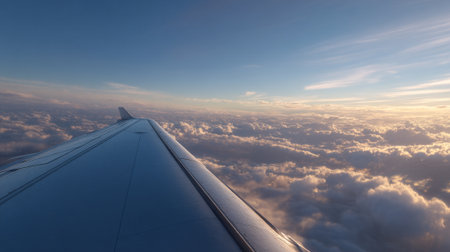 The wing of an airplane soaring above fluffy white clouds at sunriseの素材