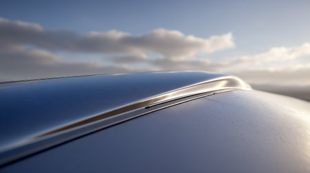 The sleek roof of a modern car under a cloudy skyの素材
