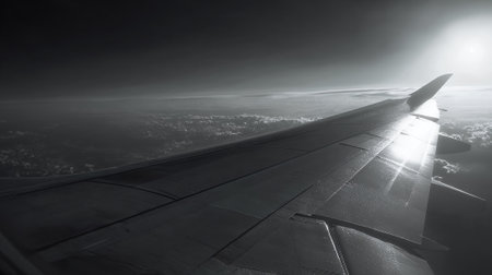 An airplane wing soaring through a cloudy sky with sunlight shining throughの素材
