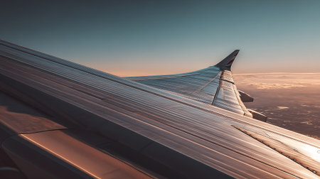 Airplane wing soaring through the sky during a serene sunset flightの素材