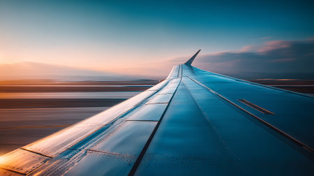 The wing of an airplane soaring through a serene sky during sunsetの素材