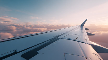Airplane wing soaring through clouds during a serene sunset flightの素材