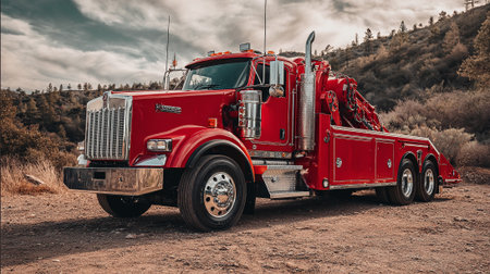 A red tow truck parked on a dirt road in a rural area with a cloudy skyの素材