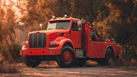 A red tow truck parked on a dirt road in a wooded area at sunsetの素材