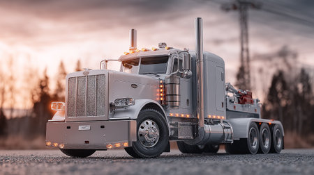 A large silver semi-truck parked on a gravel road at sunset with trees in the backgroundの素材