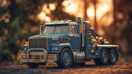 A blue toy tow truck sitting on a dirt road in a wooded area at sunsetの素材