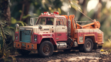 A miniature red and white tow truck model on a dirt road in a forestの素材
