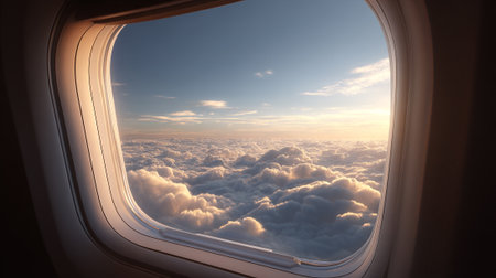 A view of fluffy white clouds and a blue sky from an airplane window at sunriseの素材