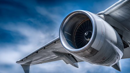 A large airplane engine soaring through a blue sky with white cloudsの素材