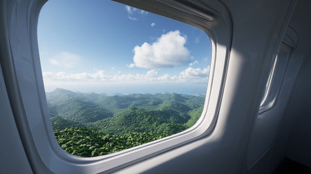 A scenic view of green mountains and blue sky with clouds from an airplane windowの素材