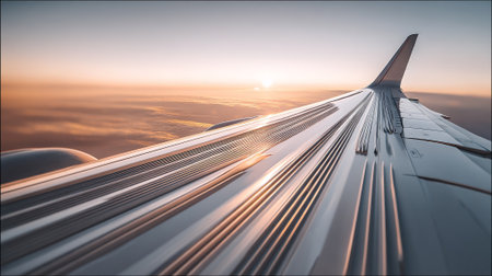 The wing of an airplane soaring through the clouds during a breathtaking sunsetの素材