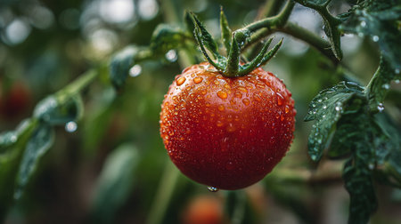 A ripe red tomato hangs from a lush green plant with water droplets on its surfaceの素材