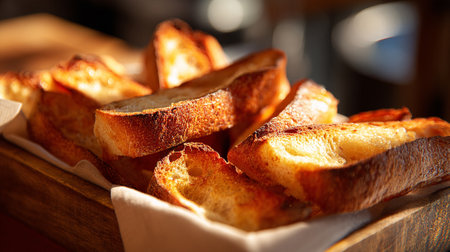 Golden brown toasted baguette slices in a wooden serving tray arrangementの素材