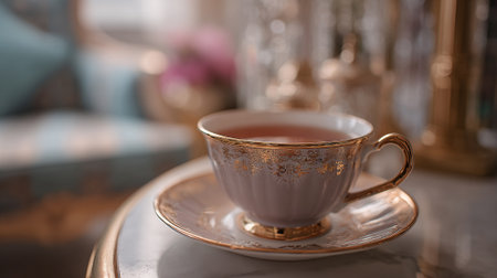 A delicate tea cup with gold trim sits on a matching saucer in a luxurious settingの素材