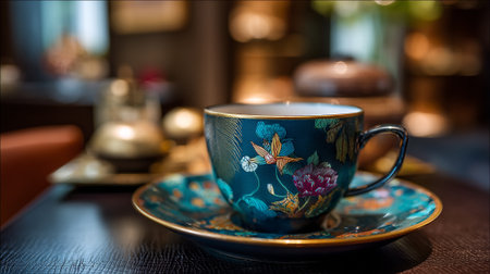 A beautifully decorated teacup and saucer on a dark wooden table in a cozy cafeの素材