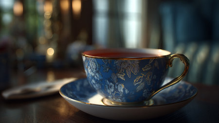 A blue and gold teacup sitting on a matching saucer in a cozy roomの素材