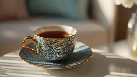 A delicate tea cup and saucer on a table with a warm sunlight backgroundの素材