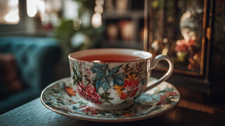 A delicate floral teacup filled with tea on a matching saucer in a cozy roomの素材
