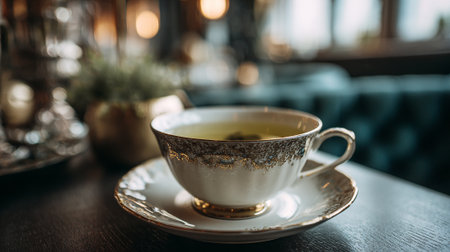 A delicate tea cup and saucer on a table in a cozy cafe settingの素材