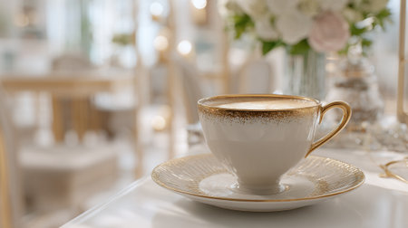 A delicate white teacup with gold trim sits on a matching saucer in a bright and airy roomの素材