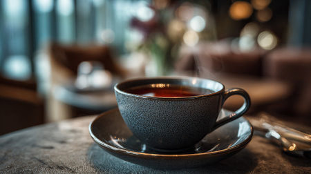 A cup of tea sits on a table in a cozy cafe with a blurred backgroundの素材