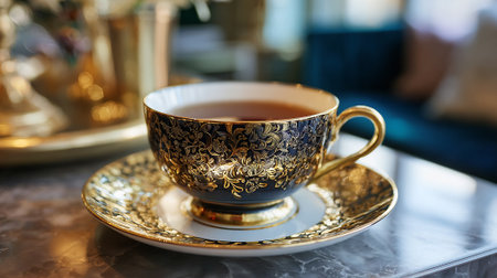 A luxurious gold and black tea cup on a matching saucer in a cozy settingの素材