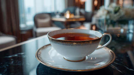 A cup of tea on a saucer in a luxurious room with a marble tableの素材