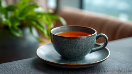 A cup of tea on a table in a cozy room with a plant in the backgroundの素材