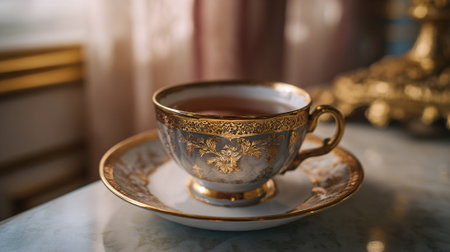 A luxurious tea cup and saucer on a marble table in an elegant roomの素材