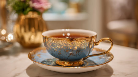 A luxurious blue and gold teacup on a marble table with a vase of flowers in the backgroundの素材