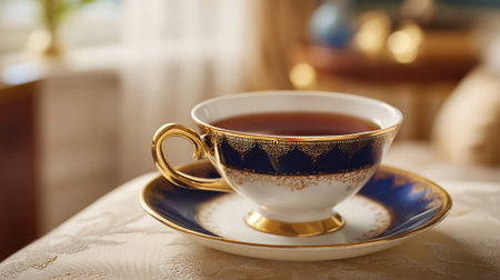 A delicate tea cup and saucer on a table with a warm and cozy atmosphereの素材