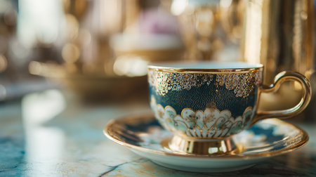 A beautifully decorated teacup and saucer on a marble table in a luxurious settingの素材