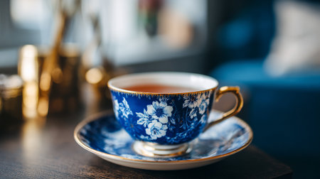A blue and white floral tea cup on a matching saucer with gold trim sits on a dark wooden table.の素材