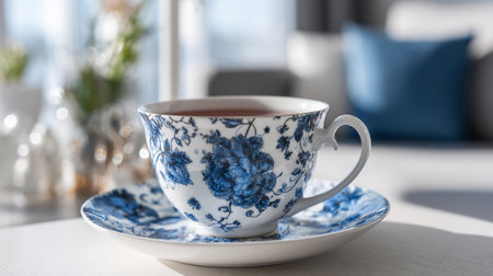A delicate blue and white floral teacup and saucer on a tableの素材