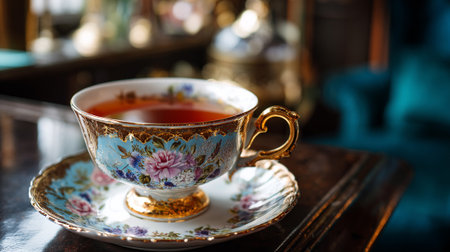 A delicate floral teacup filled with tea on a matching saucerの素材