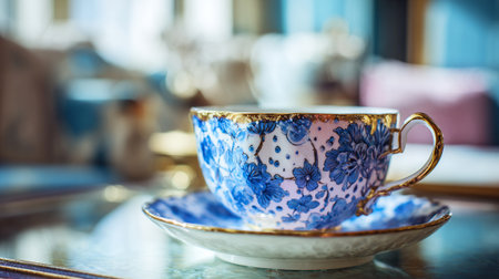 A delicate blue and white teacup with gold trim sits on a matching saucer in a cozy room.の素材