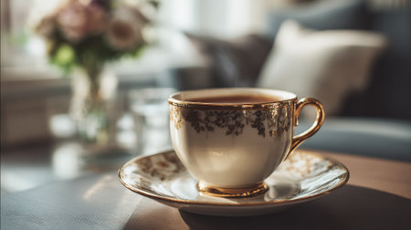 A delicate tea cup and saucer on a table with a vase of flowers in the backgroundの素材