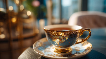A luxurious gold and blue teacup on a matching saucer in a cozy cafe settingの素材