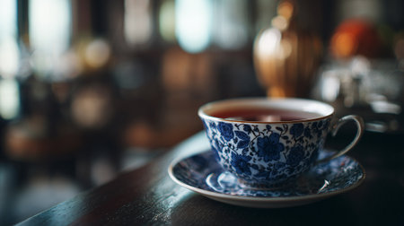 A blue and white teacup with a floral pattern sits on a dark wooden table in a cozy room.の素材
