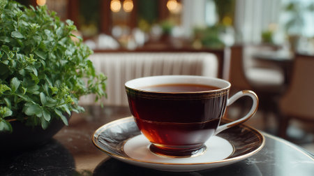 A cup of tea on a saucer sitting on a table in a cozy cafeの素材