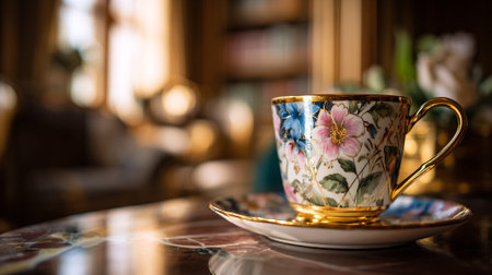 A delicate floral teacup and saucer on a marble table in a cozy roomの素材