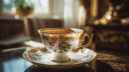 A delicate floral teacup with gold trim sits on a matching saucer in a cozy roomの素材