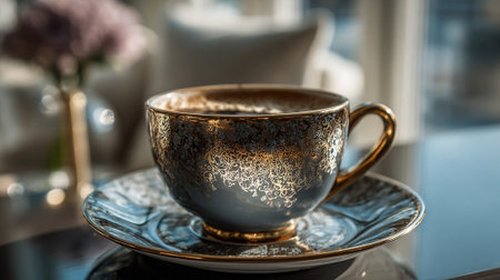 A luxurious gold and blue teacup and saucer on a table in a bright roomの素材