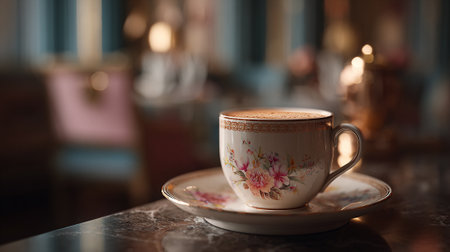 A delicate floral teacup and saucer on a marble table in a cozy cafe settingの素材