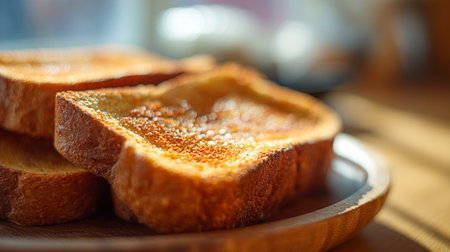 Golden Brown Toast on Wooden Plate Illuminated by Soft Morning Sunlightの素材