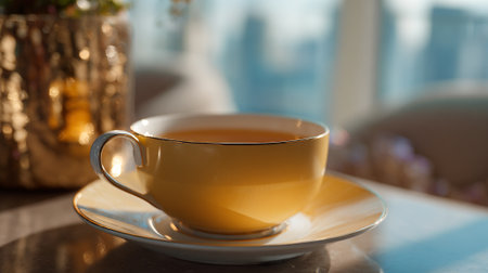 A yellow teacup and saucer on a table with a blurred city view in the backgroundの素材