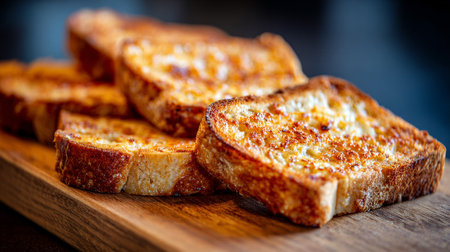 Golden toasted bread slices piled high on a rustic wooden boardの素材
